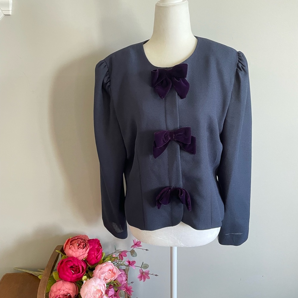 Maggy London Charcoal Blazer with Velvet Purple Bow Accents